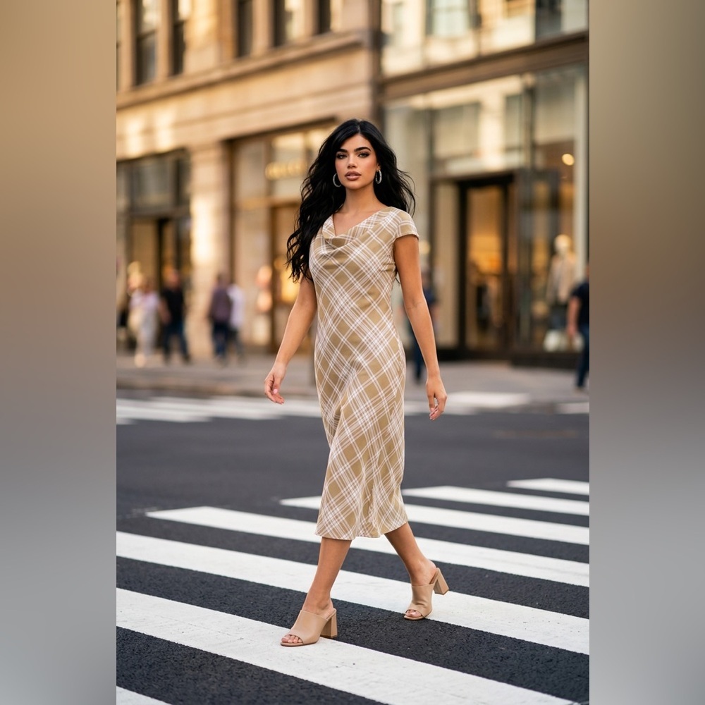 Plaid Tan Dress 🤎 KAJA Knitwear Plaid  Dress – Size Large